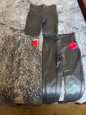 SPANX Black Faux-Leather and Snake-Print Shaping Leggings Trio